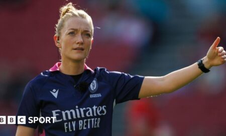 Hollie Davidson refereeing a Women's World Cup match between Canada and Australia