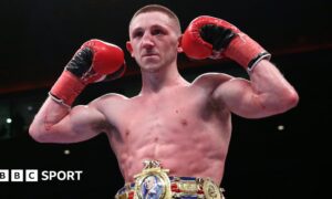 Jazza Dickens celebrates his win over Josh Wale to claim the Vacant British Super-Bantamweight Championship