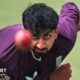 Shoaib Bashir bowling for England during training at the MCG