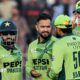 Pakistan's players celebrate taking a wicket against South Africa during a one-day international in November 2025