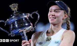 Elena Rybakina with the Australian Open trophy