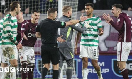 Referee Steven McLean initially showed Celtic's Auston Trusty a yellow card before VAR intervened