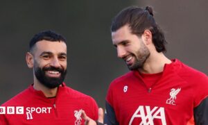 Mo Salah (left) and Dominik Szoboszlai laugh together