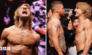 Split image of Paddy Pimblett shouting and smiling as he faces off with Justin Gaethje