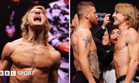 Split image of Paddy Pimblett shouting and smiling as he faces off with Justin Gaethje