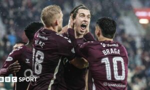 Hearts midfielder Tomas Magnusson (centre) is mobbed by teammates