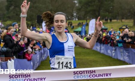 Laura Muir reaches the finish line in Falkirk