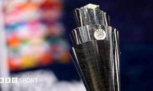 The Uefa Nations League trophy on display during Thursday's draw in Belgium