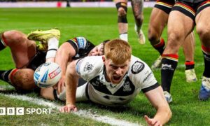 Harvey Barron celebrates his first try of the Super League campaign