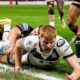 Harvey Barron celebrates his first try of the Super League campaign