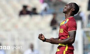 West Indies' Shamar Joseph celebrates