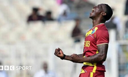 West Indies' Shamar Joseph celebrates