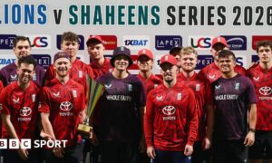 The players of England Lions celebrate winning the T20 series against Pakistan Shaheens