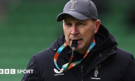 Harlequins head coach Jason Gilmore blows his whistle in training