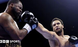 Moses Itauma celebrates as Jermaine Franklin is on the canvas