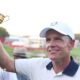 Luke Donald holds aloft the Ryder Cup trophy at Bethpage Black in 2025