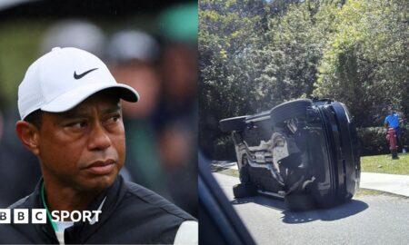 Tiger Woods' car is seen on its side and skid marks show where he crashed and lost control