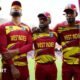 West Indies captain Shai Hope and his team-mates in a huddle before a T20 World Cup match