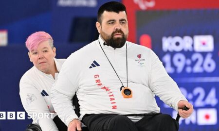 Great Britain wheelchair curlers Jo Butterfield and Jason Kean in action