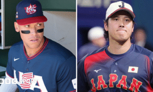 Aaron Judge and Shohei Ohtani during World Baseball Classic warm-up games in 2026