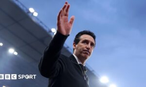 Unai Emery, Manager of Aston Villa, gestures as he walks out of the tunnel prior to the UEFA Europa League 2025/26 Quarter-Final Leg Two match between Aston Villa FC and Bologna FC 1909