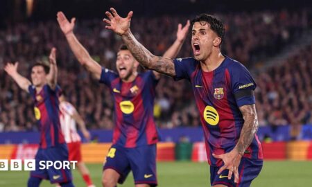 Joao Cancelo of FC Barcelona protests during the UEFA Champions League