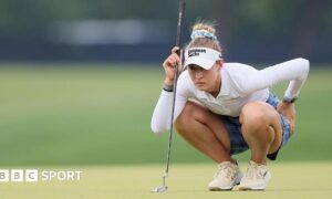 Nelly Korda of the United States lines up a putt on the sixth green during the third round of the Chevron Championship