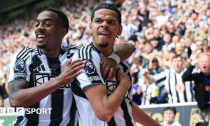 William Osula celebrates with Joe Willock after scoring for Newcastle United against Brighton at St James' Park on 2 May, 2026