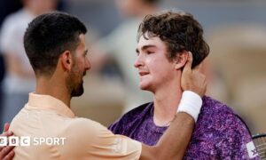 Novak Djokovic and Joao Fonseca share a warm embrace after their French Open match