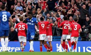 Nottingham Forest celebrate scoring against Chelsea on Monday