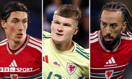 Harry Wilson, Jordan James and Sorba Thomas in action for Wales