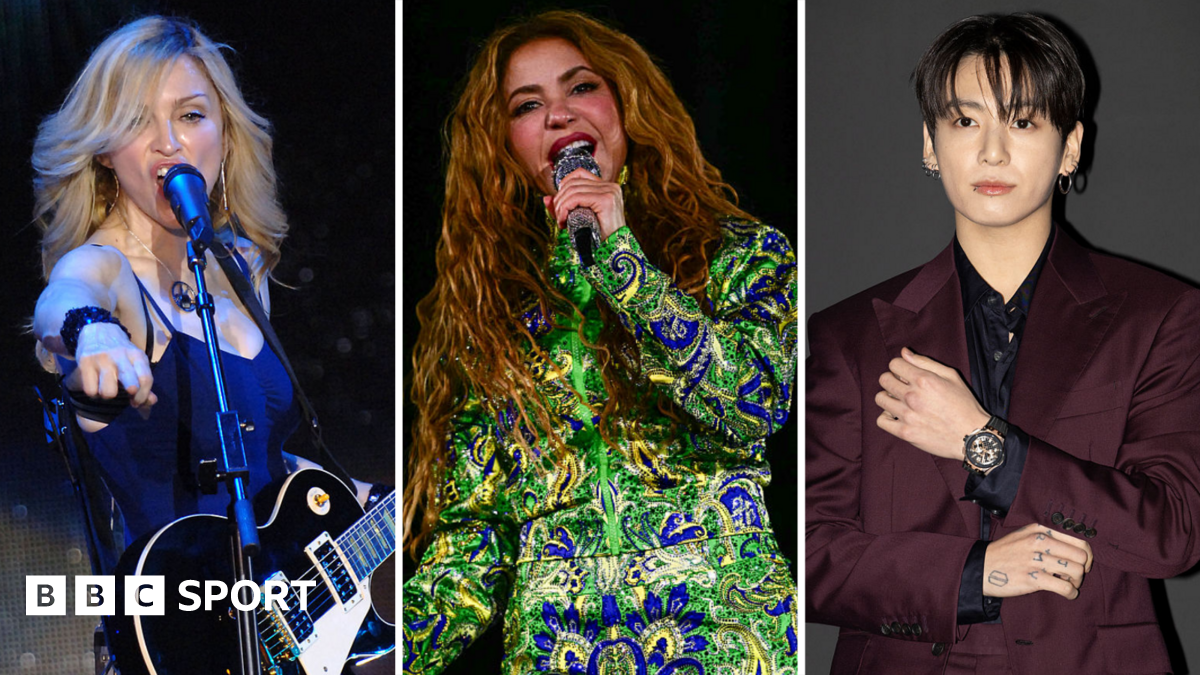 A split image of Madonna, Shakira and Jungkook of BTS