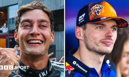 A split picture of Austrian Grand Prix race winner George Russell on the left and second place finisher Max Verstappen on the right