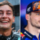 A split picture of Austrian Grand Prix race winner George Russell on the left and second place finisher Max Verstappen on the right