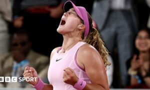 Mirra Andreeva celebrates reaching the French Open final