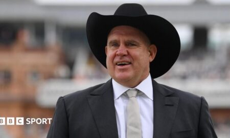 Matthew Hayden at Lord's, wearing a black suit and a Stetson hat