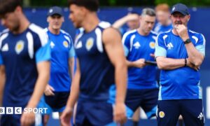 Scotland head coach Steve Clarke is thoughtful during training