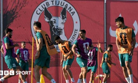 Iran's players take part in a training session during the 2026 World Cup football tournament at the Centro Xoloitzcuintle in Tijuana, Mexico