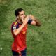 Mikel Merino celebrates scoring for Spain