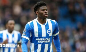 Brighton midfielder Carlos Baleba in action against Manchester United on the final day of last season