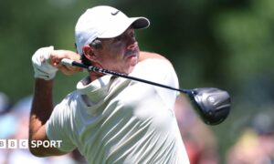 Rory McIlroy at the end of his swing