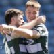 Fenton Rogers (left) holds out his arms to celebrate scoring Huddersfield Giants' second try in their win over Catalans Dragons