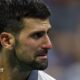 Novak Djokovic cries during his US Open defeat by Mariano Navone