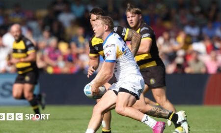 Lachie Miller looks for support to make a pass during the Super League match between York Knights and Leeds Rhinos